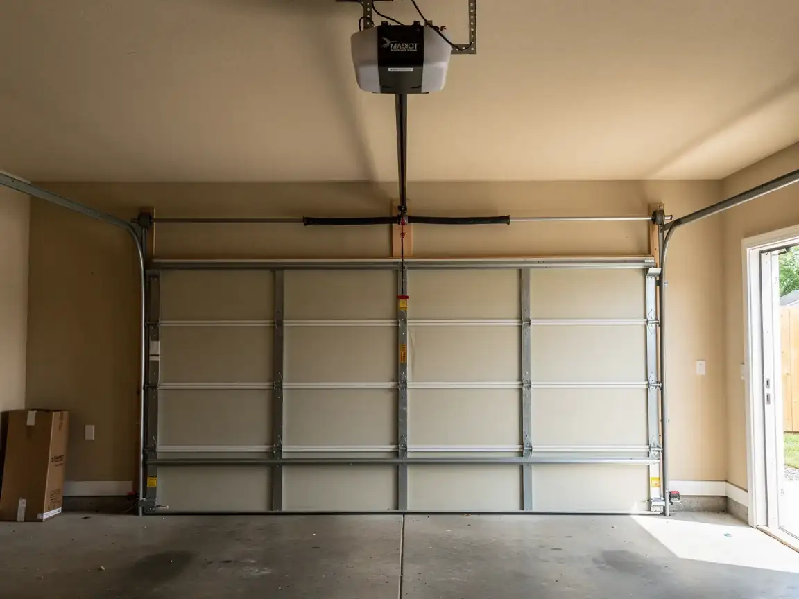 A beige garage door is closed, with an opener and torsion spring visible.