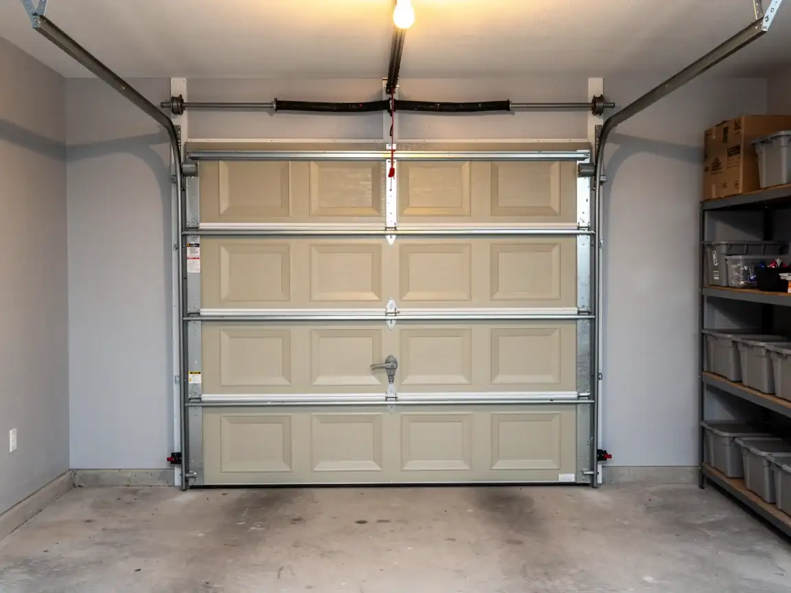 A beige garage door is closed inside a garage with a torsion spring.