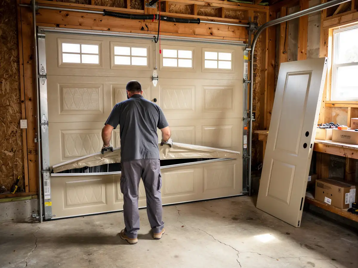 A technician is repairing a damaged beige garage door with windows.